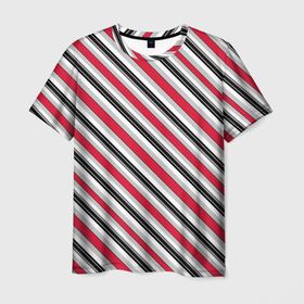 Мужская футболка 3D с принтом Красно серый полосатый узор в Петрозаводске, 100% полиэфир | прямой крой, круглый вырез горловины, длина до линии бедер | Тематика изображения на принте: косые полосы | красные полосы | красный | полосатый узор | серый