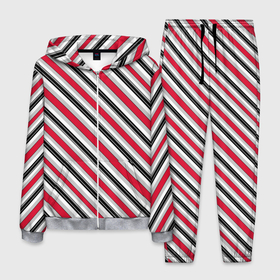 Мужской костюм 3D с принтом Красно серый полосатый узор в Санкт-Петербурге, 100% полиэстер | Манжеты и пояс оформлены тканевой резинкой, двухслойный капюшон со шнурком для регулировки, карманы спереди | косые полосы | красные полосы | красный | полосатый узор | серый