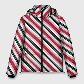 Мужская зимняя куртка 3D с принтом Красно серый полосатый узор в Петрозаводске, верх — 100% полиэстер; подкладка — 100% полиэстер; утеплитель — 100% полиэстер | длина ниже бедра, свободный силуэт Оверсайз. Есть воротник-стойка, отстегивающийся капюшон и ветрозащитная планка. 

Боковые карманы с листочкой на кнопках и внутренний карман на молнии. | Тематика изображения на принте: косые полосы | красные полосы | красный | полосатый узор | серый