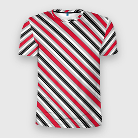 Мужская футболка 3D Slim с принтом Красно серый полосатый узор в Петрозаводске, 100% полиэстер с улучшенными характеристиками | приталенный силуэт, круглая горловина, широкие плечи, сужается к линии бедра | Тематика изображения на принте: косые полосы | красные полосы | красный | полосатый узор | серый