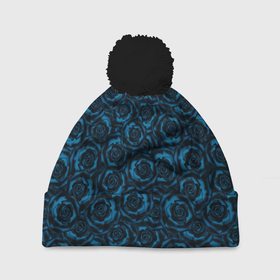 Шапка 3D c помпоном с принтом Синие розы цветочный узор в Курске, 100% полиэстер | универсальный размер, печать по всей поверхности изделия | blue | flowers | roses | розы | синие розы | синий | цветы