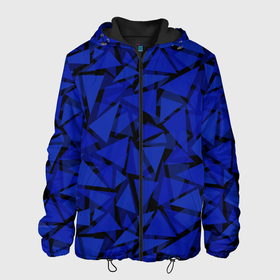 Мужская куртка 3D с принтом Синие треугольники геометрический узор в Белгороде, ткань верха — 100% полиэстер, подклад — флис | прямой крой, подол и капюшон оформлены резинкой с фиксаторами, два кармана без застежек по бокам, один большой потайной карман на груди. Карман на груди застегивается на липучку | Тематика изображения на принте: blue | geometric | геометрические фигуры | синий | треугольники