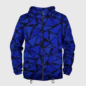 Мужская ветровка 3D с принтом Синие треугольники геометрический узор в Кировске, 100% полиэстер | подол и капюшон оформлены резинкой с фиксаторами, два кармана без застежек по бокам, один потайной карман на груди | blue | geometric | геометрические фигуры | синий | треугольники