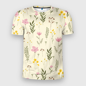Мужская футболка 3D Slim с принтом Цветы Нарисованные Дикие в Екатеринбурге, 100% полиэстер с улучшенными характеристиками | приталенный силуэт, круглая горловина, широкие плечи, сужается к линии бедра | flowers | букет | природа | растение | флора | цветы
