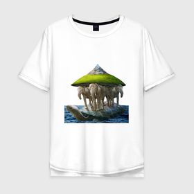 Мужская футболка хлопок Oversize с принтом THREE ELEPHANTS AND A TURTLE в Екатеринбурге, 100% хлопок | свободный крой, круглый ворот, “спинка” длиннее передней части | вода | животные | море | океан | природа | черепаха
