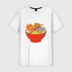 Мужская футболка хлопок Slim с принтом THREE CATS EATING NOODLES в Курске, 92% хлопок, 8% лайкра | приталенный силуэт, круглый вырез ворота, длина до линии бедра, короткий рукав | Тематика изображения на принте: spaghetti | вкусная | домашние животные | еда | лапша | любимая | спагетти | чашка