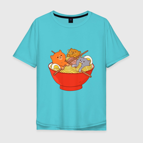 Мужская футболка хлопок Oversize с принтом THREE CATS EATING NOODLES в Санкт-Петербурге, 100% хлопок | свободный крой, круглый ворот, “спинка” длиннее передней части | spaghetti | вкусная | домашние животные | еда | лапша | любимая | спагетти | чашка