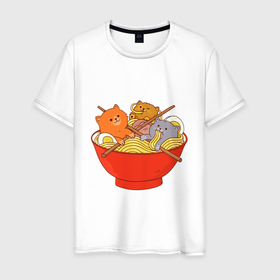 Мужская футболка хлопок с принтом THREE CATS EATING NOODLES в Санкт-Петербурге, 100% хлопок | прямой крой, круглый вырез горловины, длина до линии бедер, слегка спущенное плечо. | Тематика изображения на принте: spaghetti | вкусная | домашние животные | еда | лапша | любимая | спагетти | чашка