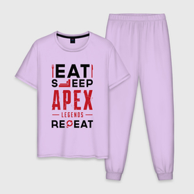 Мужская пижама хлопок с принтом Надпись: Eat Sleep Apex Legends Repeat в Санкт-Петербурге, 100% хлопок | брюки и футболка прямого кроя, без карманов, на брюках мягкая резинка на поясе и по низу штанин
 | apex | apex legends | eat sleep repeat | legends | logo | апекс | игра | игры | легент | лого | логотип | символ
