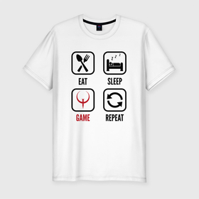 Мужская футболка хлопок Slim с принтом Eat   Sleep   Quake   Repeat , 92% хлопок, 8% лайкра | приталенный силуэт, круглый вырез ворота, длина до линии бедра, короткий рукав | Тематика изображения на принте: eat sleep repeat | logo | quake | игра | игры | квейк | лого | логотип | символ