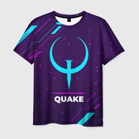 Мужская футболка 3D с принтом Символ Quake в неоновых цветах на темном фоне в Санкт-Петербурге, 100% полиэфир | прямой крой, круглый вырез горловины, длина до линии бедер | logo | neon | paint | quake | брызги | игра | игры | квейк | краска | лого | логотип | неон | символ