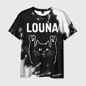 Мужская футболка 3D с принтом Группа Louna и Рок Кот в Екатеринбурге, 100% полиэфир | прямой крой, круглый вырез горловины, длина до линии бедер | band | louna | metal | paint | rock | брызги | группа | кот | краска | луна | рок | рок кот