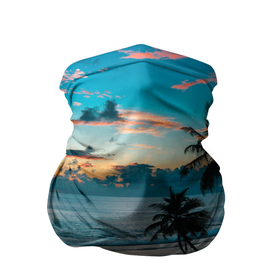 Бандана-труба 3D с принтом Вечерний остров в Тюмени, 100% полиэстер, ткань с особыми свойствами — Activecool | плотность 150‒180 г/м2; хорошо тянется, но сохраняет форму | берег | вечер | закат | море | океан | остров | пальмы | пляж | ростислав удача | синий