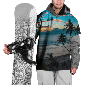 Накидка на куртку 3D с принтом Вечерний остров , 100% полиэстер |  | берег | вечер | закат | море | океан | остров | пальмы | пляж | ростислав удача | синий