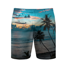 Мужские шорты спортивные с принтом Вечерний остров ,  |  | берег | вечер | закат | море | океан | остров | пальмы | пляж | ростислав удача | синий