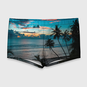 Мужские купальные плавки 3D с принтом Вечерний остров в Тюмени, Полиэстер 85%, Спандекс 15% |  | берег | вечер | закат | море | океан | остров | пальмы | пляж | ростислав удача | синий