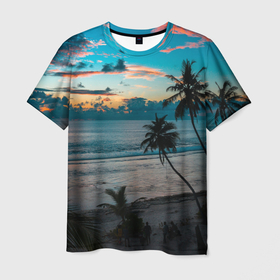 Мужская футболка 3D с принтом Вечерний остров , 100% полиэфир | прямой крой, круглый вырез горловины, длина до линии бедер | берег | вечер | закат | море | океан | остров | пальмы | пляж | ростислав удача | синий