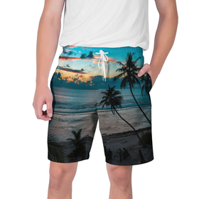 Мужские шорты 3D с принтом Вечерний остров в Тюмени,  полиэстер 100% | прямой крой, два кармана без застежек по бокам. Мягкая трикотажная резинка на поясе, внутри которой широкие завязки. Длина чуть выше колен | берег | вечер | закат | море | океан | остров | пальмы | пляж | ростислав удача | синий