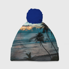 Шапка 3D c помпоном с принтом Вечерний остров в Тюмени, 100% полиэстер | универсальный размер, печать по всей поверхности изделия | берег | вечер | закат | море | океан | остров | пальмы | пляж | ростислав удача | синий