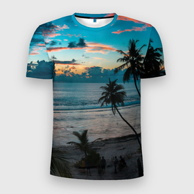 Мужская футболка 3D Slim с принтом Вечерний остров , 100% полиэстер с улучшенными характеристиками | приталенный силуэт, круглая горловина, широкие плечи, сужается к линии бедра | берег | вечер | закат | море | океан | остров | пальмы | пляж | ростислав удача | синий