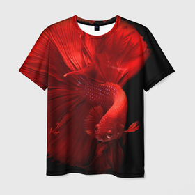 Мужская футболка 3D с принтом бойцовская рыбка в Новосибирске, 100% полиэфир | прямой крой, круглый вырез горловины, длина до линии бедер | бойцовская рыбка | красная рыба | красный | ростислав удача | рыбка | черный