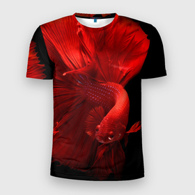 Мужская футболка 3D Slim с принтом бойцовская рыбка в Санкт-Петербурге, 100% полиэстер с улучшенными характеристиками | приталенный силуэт, круглая горловина, широкие плечи, сужается к линии бедра | бойцовская рыбка | красная рыба | красный | ростислав удача | рыбка | черный