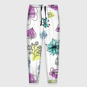 Мужские брюки 3D с принтом Абстрактные цветы на акварельном фоне , 100% полиэстер | манжеты по низу, эластичный пояс регулируется шнурком, по бокам два кармана без застежек, внутренняя часть кармана из мелкой сетки | botanical | flower | watercolor | акварель | краска | лето | паттерн | сканди | цветок | цветы