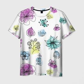 Мужская футболка 3D с принтом Абстрактные цветы на акварельном фоне в Петрозаводске, 100% полиэфир | прямой крой, круглый вырез горловины, длина до линии бедер | Тематика изображения на принте: botanical | flower | watercolor | акварель | краска | лето | паттерн | сканди | цветок | цветы