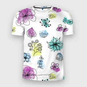 Мужская футболка 3D Slim с принтом Абстрактные цветы на акварельном фоне в Курске, 100% полиэстер с улучшенными характеристиками | приталенный силуэт, круглая горловина, широкие плечи, сужается к линии бедра | Тематика изображения на принте: botanical | flower | watercolor | акварель | краска | лето | паттерн | сканди | цветок | цветы