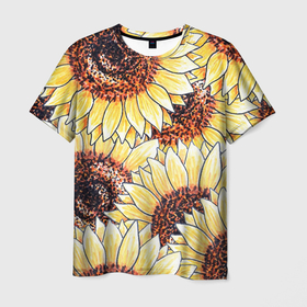 Мужская футболка 3D с принтом Подсолнухи рисунок паттерн в Белгороде, 100% полиэфир | прямой крой, круглый вырез горловины, длина до линии бедер | field | flower | hand drawn | marker | pattern | russia | summer | sun | sunflower | лето | маркер | паттерн | подсолнух | поле | россия | солнце | цветок | цветы