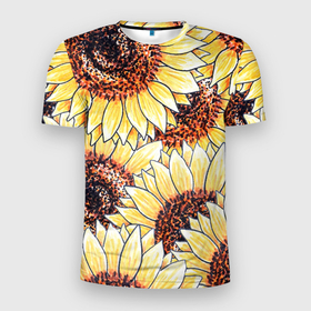 Мужская футболка 3D Slim с принтом Подсолнухи рисунок паттерн в Белгороде, 100% полиэстер с улучшенными характеристиками | приталенный силуэт, круглая горловина, широкие плечи, сужается к линии бедра | field | flower | hand drawn | marker | pattern | russia | summer | sun | sunflower | лето | маркер | паттерн | подсолнух | поле | россия | солнце | цветок | цветы