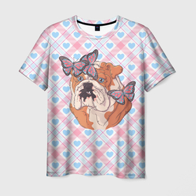 Мужская футболка 3D с принтом Бульдог  с  бабочками в Санкт-Петербурге, 100% полиэфир | прямой крой, круглый вырез горловины, длина до линии бедер | бабочки | бульдог | пес | песик | собака