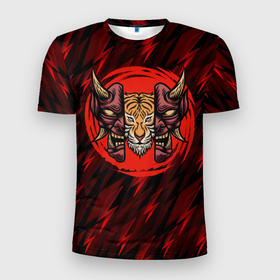 Мужская футболка 3D Slim с принтом Тигр  в маске  самурая в Тюмени, 100% полиэстер с улучшенными характеристиками | приталенный силуэт, круглая горловина, широкие плечи, сужается к линии бедра | diablo | дьявол | зверь | самурай | тигр | тигрица | хищник
