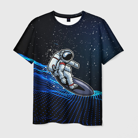 Мужская футболка 3D с принтом Космонавт на  серфинге в Петрозаводске, 100% полиэфир | прямой крой, круглый вырез горловины, длина до линии бедер | волны | доска | космонавт | космос | море | океан | серфинг