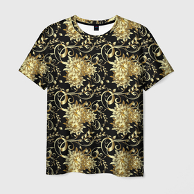 Мужская футболка 3D с принтом Золотые абстрактные цветы в Курске, 100% полиэфир | прямой крой, круглый вырез горловины, длина до линии бедер | Тематика изображения на принте: abstract | абстракция | бутоны | геометрия | калейдоскоп | классика | линии | паттерн | текстура | узор | узоры | цветы