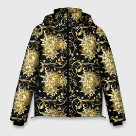 Мужская зимняя куртка 3D с принтом Золотые абстрактные цветы в Курске, верх — 100% полиэстер; подкладка — 100% полиэстер; утеплитель — 100% полиэстер | длина ниже бедра, свободный силуэт Оверсайз. Есть воротник-стойка, отстегивающийся капюшон и ветрозащитная планка. 

Боковые карманы с листочкой на кнопках и внутренний карман на молнии. | Тематика изображения на принте: abstract | абстракция | бутоны | геометрия | калейдоскоп | классика | линии | паттерн | текстура | узор | узоры | цветы
