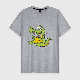 Мужская футболка хлопок Slim с принтом Hungry Crocodile , 92% хлопок, 8% лайкра | приталенный силуэт, круглый вырез ворота, длина до линии бедра, короткий рукав | animals | crocodile | аллигатор | вода | годзилла | джунгли | динозавр | дракон | животные | зубы | крокодил | природа | хищник