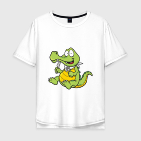 Мужская футболка хлопок Oversize с принтом Hungry Crocodile в Кировске, 100% хлопок | свободный крой, круглый ворот, “спинка” длиннее передней части | animals | crocodile | аллигатор | вода | годзилла | джунгли | динозавр | дракон | животные | зубы | крокодил | природа | хищник