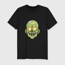 Мужская футболка хлопок Slim с принтом Весёлый Зомби в Петрозаводске, 92% хлопок, 8% лайкра | приталенный силуэт, круглый вырез ворота, длина до линии бедра, короткий рукав | Тематика изображения на принте: death | devil | halloween | horror | skull | zombie | демон | дьявол | зло | зомби | призрак | скелет | хоррор | хэллоуин | череп