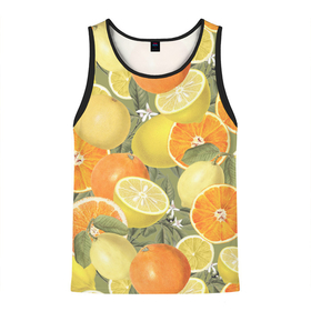 Мужская майка 3D с принтом Апельсины и Лимоны в Тюмени, 100% полиэстер | круглая горловина, приталенный силуэт, длина до линии бедра. Пройма и горловина окантованы тонкой бейкой | Тематика изображения на принте: fruits | lemons | oranges | summer | апельсины | лето | лимоны | фрукты