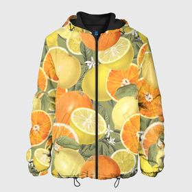 Мужская куртка 3D с принтом Апельсины и Лимоны в Новосибирске, ткань верха — 100% полиэстер, подклад — флис | прямой крой, подол и капюшон оформлены резинкой с фиксаторами, два кармана без застежек по бокам, один большой потайной карман на груди. Карман на груди застегивается на липучку | fruits | lemons | oranges | summer | апельсины | лето | лимоны | фрукты