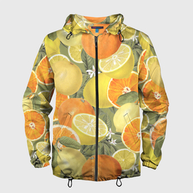 Мужская ветровка 3D с принтом Апельсины и Лимоны в Белгороде, 100% полиэстер | подол и капюшон оформлены резинкой с фиксаторами, два кармана без застежек по бокам, один потайной карман на груди | fruits | lemons | oranges | summer | апельсины | лето | лимоны | фрукты
