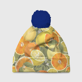 Шапка 3D c помпоном с принтом Апельсины и Лимоны в Петрозаводске, 100% полиэстер | универсальный размер, печать по всей поверхности изделия | fruits | lemons | oranges | summer | апельсины | лето | лимоны | фрукты