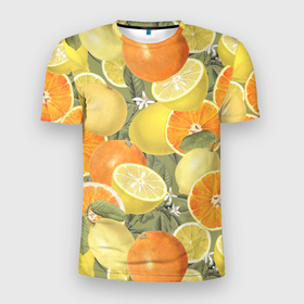 Мужская футболка 3D Slim с принтом Апельсины и Лимоны , 100% полиэстер с улучшенными характеристиками | приталенный силуэт, круглая горловина, широкие плечи, сужается к линии бедра | fruits | lemons | oranges | summer | апельсины | лето | лимоны | фрукты