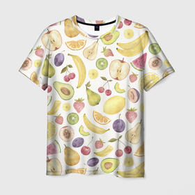 Мужская футболка 3D с принтом Ассорти Ягод и Фруктов в Белгороде, 100% полиэфир | прямой крой, круглый вырез горловины, длина до линии бедер | fruits | lemons | oranges | summer | апельсины | арбуз | бананы | вишня | груши | киви | лето | лимоны | сливы | фрукты | яблоки