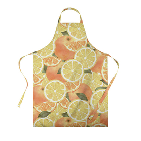 Фартук 3D с принтом Летние Апельсины в Курске, 100% полиэстер | общий размер — 65 х 85 см, ширина нагрудника — 26 см, горловина — 53 см, длина завязок — 54 см, общий обхват в поясе — 173 см. Принт на завязках и на горловине наносится с двух сторон, на основной части фартука — только с внешней стороны | fruits | lemons | oranges | summer | апельсины | лето | лимоны | фрукты