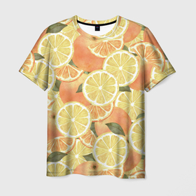 Мужская футболка 3D с принтом Летние Апельсины в Санкт-Петербурге, 100% полиэфир | прямой крой, круглый вырез горловины, длина до линии бедер | fruits | lemons | oranges | summer | апельсины | лето | лимоны | фрукты