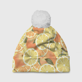 Шапка 3D c помпоном с принтом Летние Апельсины в Петрозаводске, 100% полиэстер | универсальный размер, печать по всей поверхности изделия | fruits | lemons | oranges | summer | апельсины | лето | лимоны | фрукты