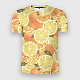 Мужская футболка 3D Slim с принтом Летние Апельсины , 100% полиэстер с улучшенными характеристиками | приталенный силуэт, круглая горловина, широкие плечи, сужается к линии бедра | fruits | lemons | oranges | summer | апельсины | лето | лимоны | фрукты