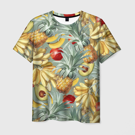 Мужская футболка 3D с принтом Экзотические Фрукты Лета в Новосибирске, 100% полиэфир | прямой крой, круглый вырез горловины, длина до линии бедер | Тематика изображения на принте: bananas | garnet | pineapples | summer | ананасы | бананы | гранат | лето